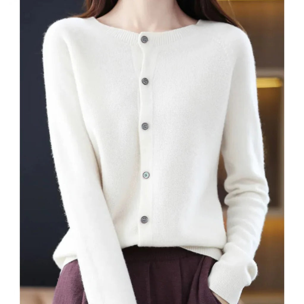 Women's round neck cardigan with V-neck front buttons, long sleeve cozy pullover for everyday style