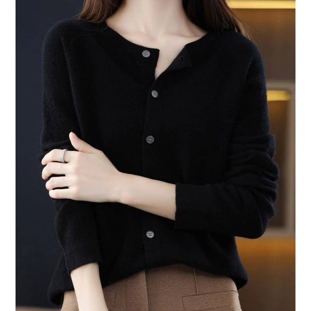 Women's cozy round neck cardigan with V-neck front buttons, long sleeve pullover for everyday versatile style