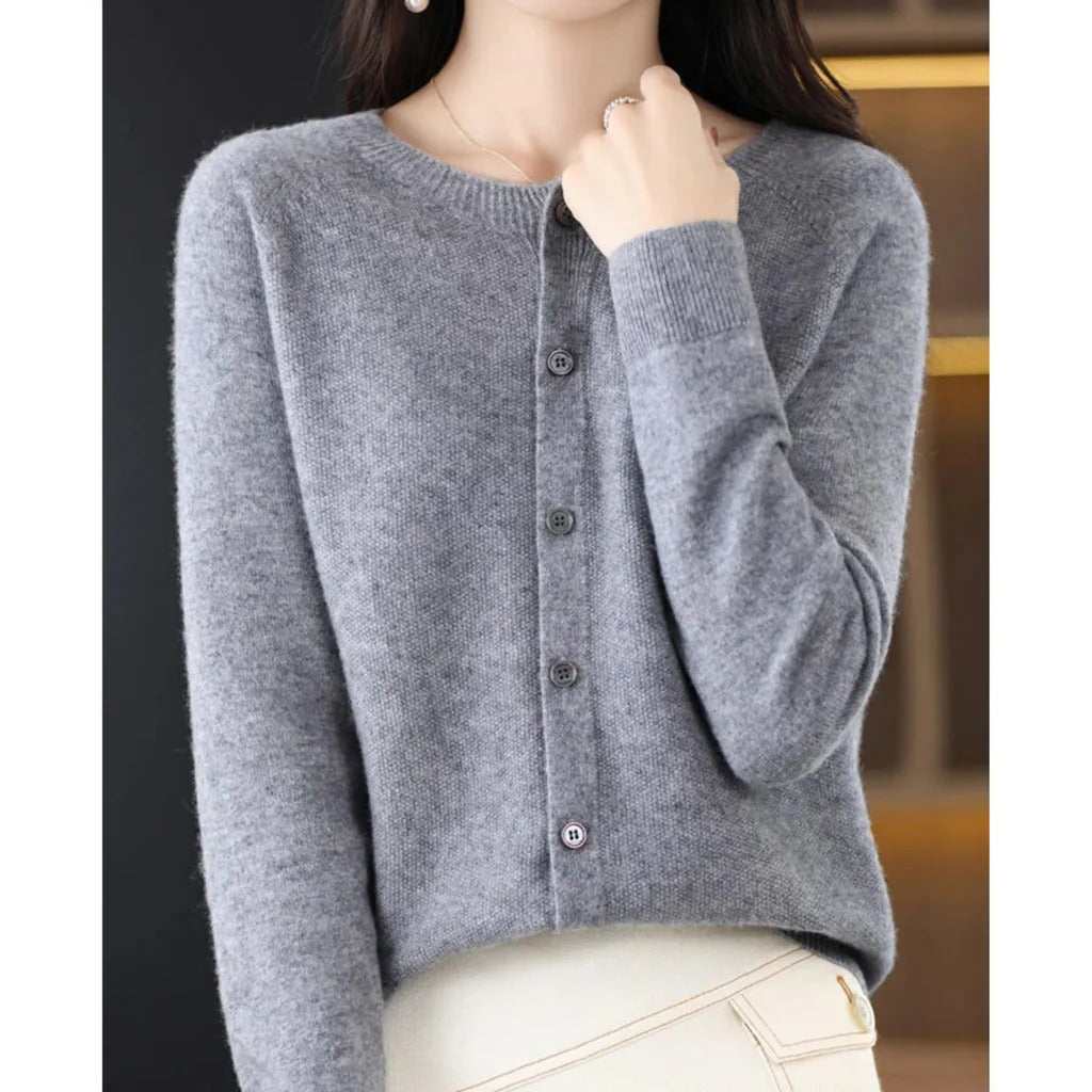 Women's round neck cardigan with V-neck and front buttons, long sleeve cozy pullover for everyday wear