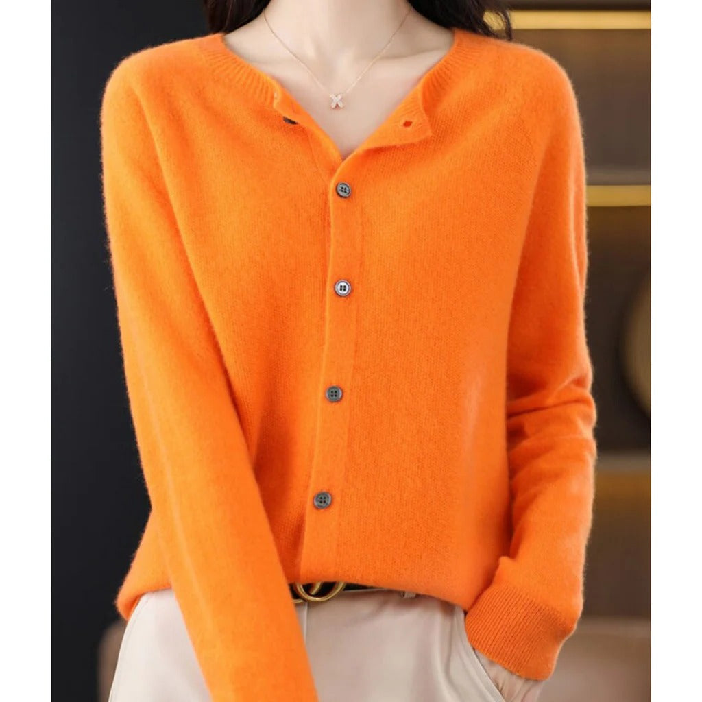Women's round neck cardigan V-neckline long sleeve pullover with front buttons cozy everyday style
