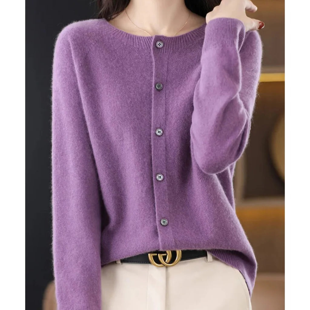 Women's round neck V-neckline cardigan long sleeve pullover with front buttons cozy everyday style