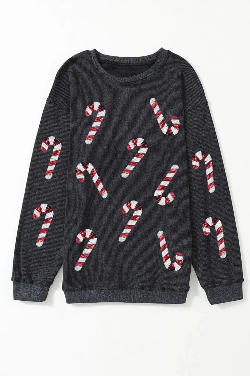 Women's festive sequin sweatshirt round neck candy cane graphic cozy winter holiday pullover