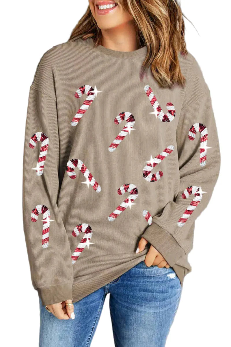 Women's festive sequin sweatshirt round neck candy cane graphic cozy soft polyester holiday winter
