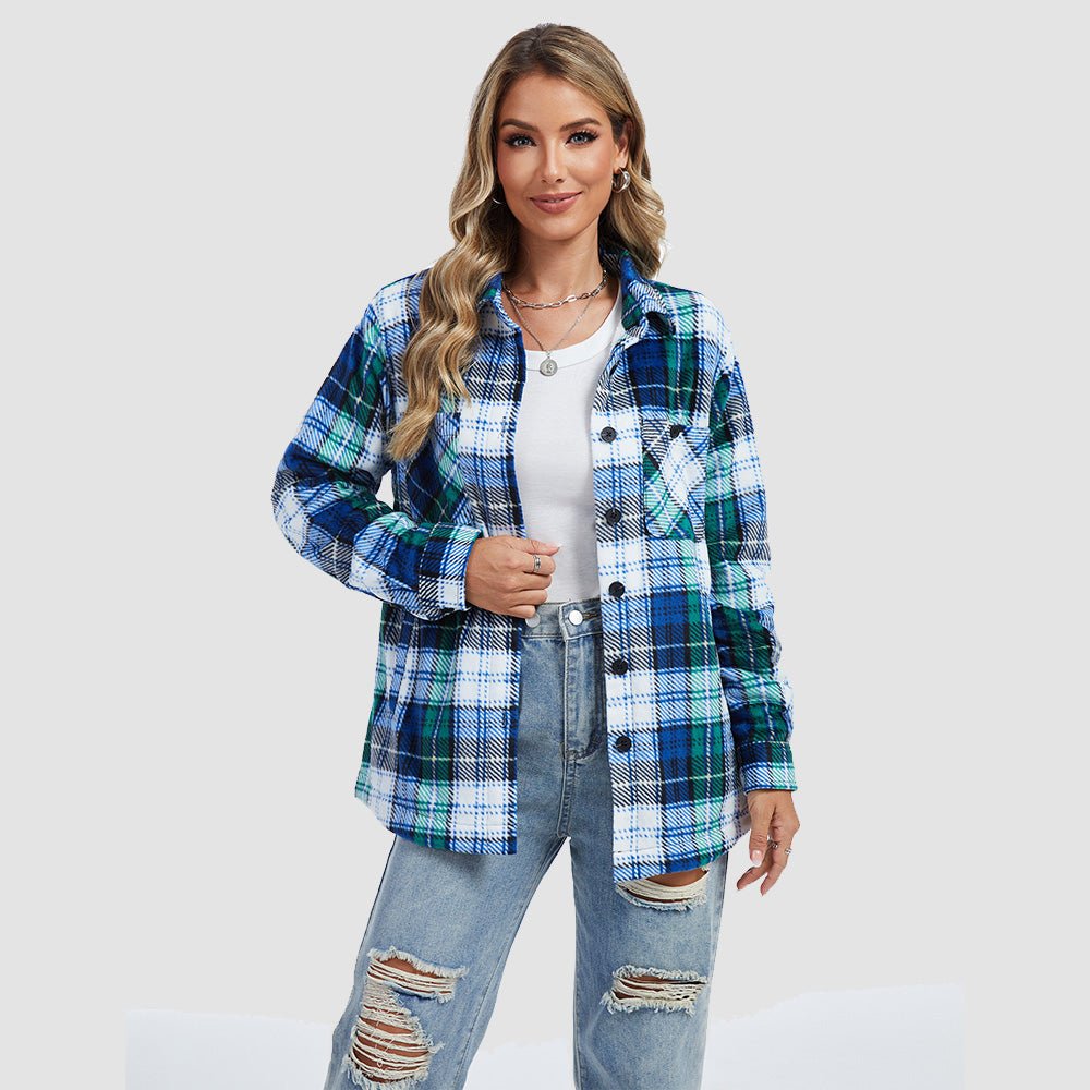 Women's plaid flannel shacket with full sherpa lining, relaxed fit button-down winter jacket