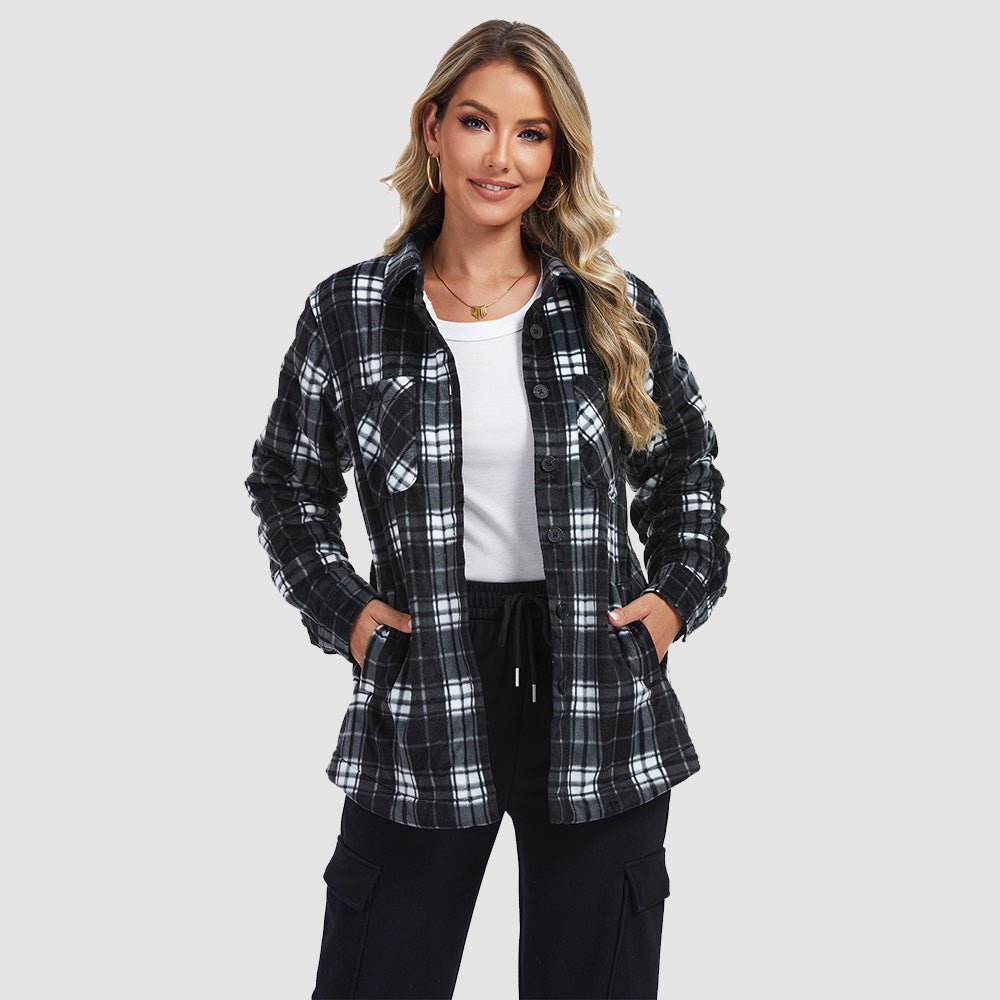 Women's plaid flannel shacket with full sherpa lining, relaxed fit button-down winter jacket