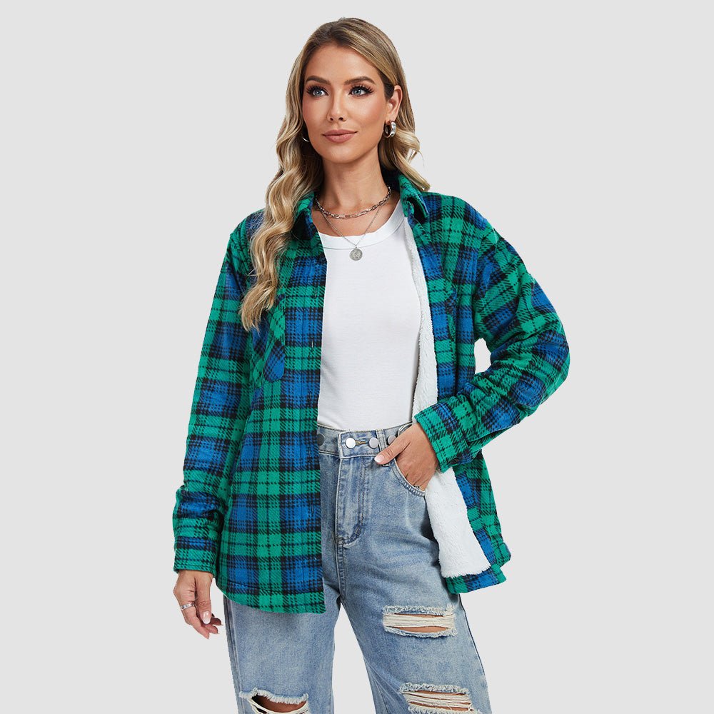 Women's plaid flannel shacket with full sherpa lining, relaxed fit button-down winter jacket