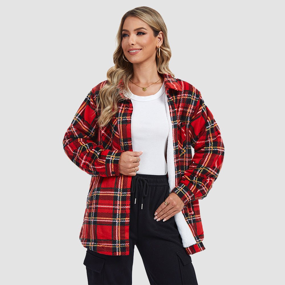 Women's plaid flannel shacket with full sherpa lining, relaxed fit button-down winter jacket