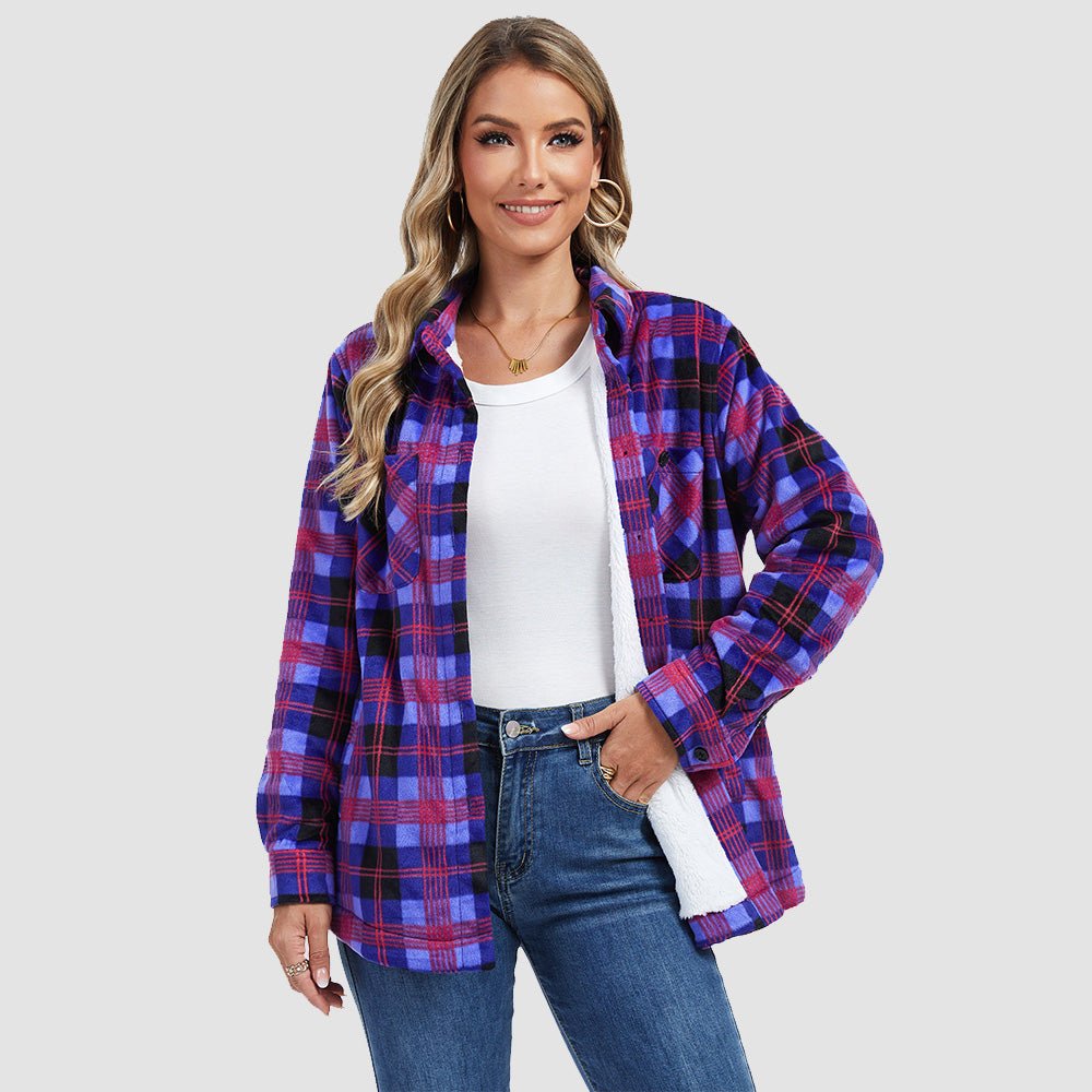 Women's plaid flannel shacket with full sherpa lining, relaxed fit button-down winter jacket