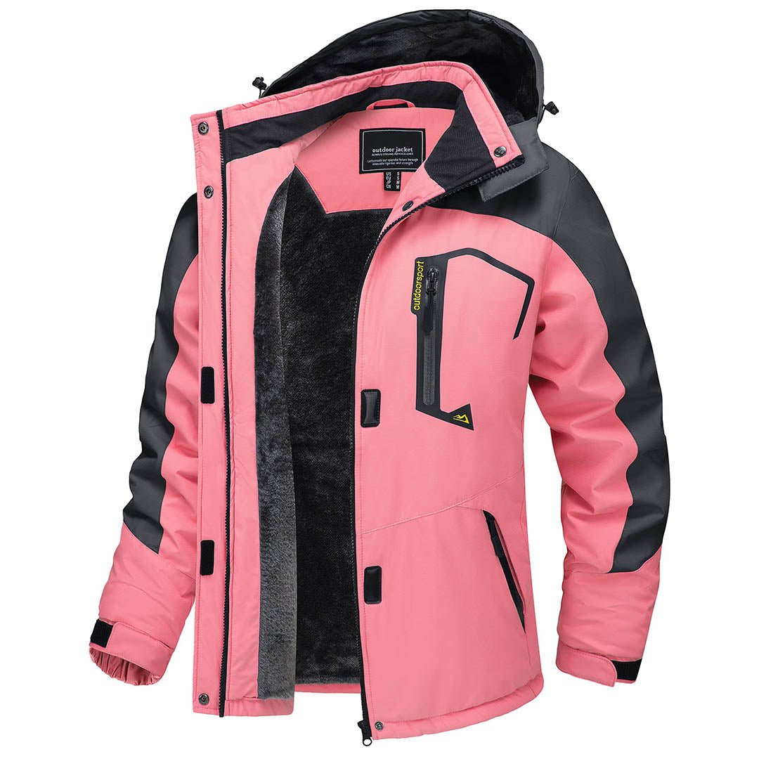 Women's waterproof insulated hooded ski jacket with warm fleece lining in windproof design