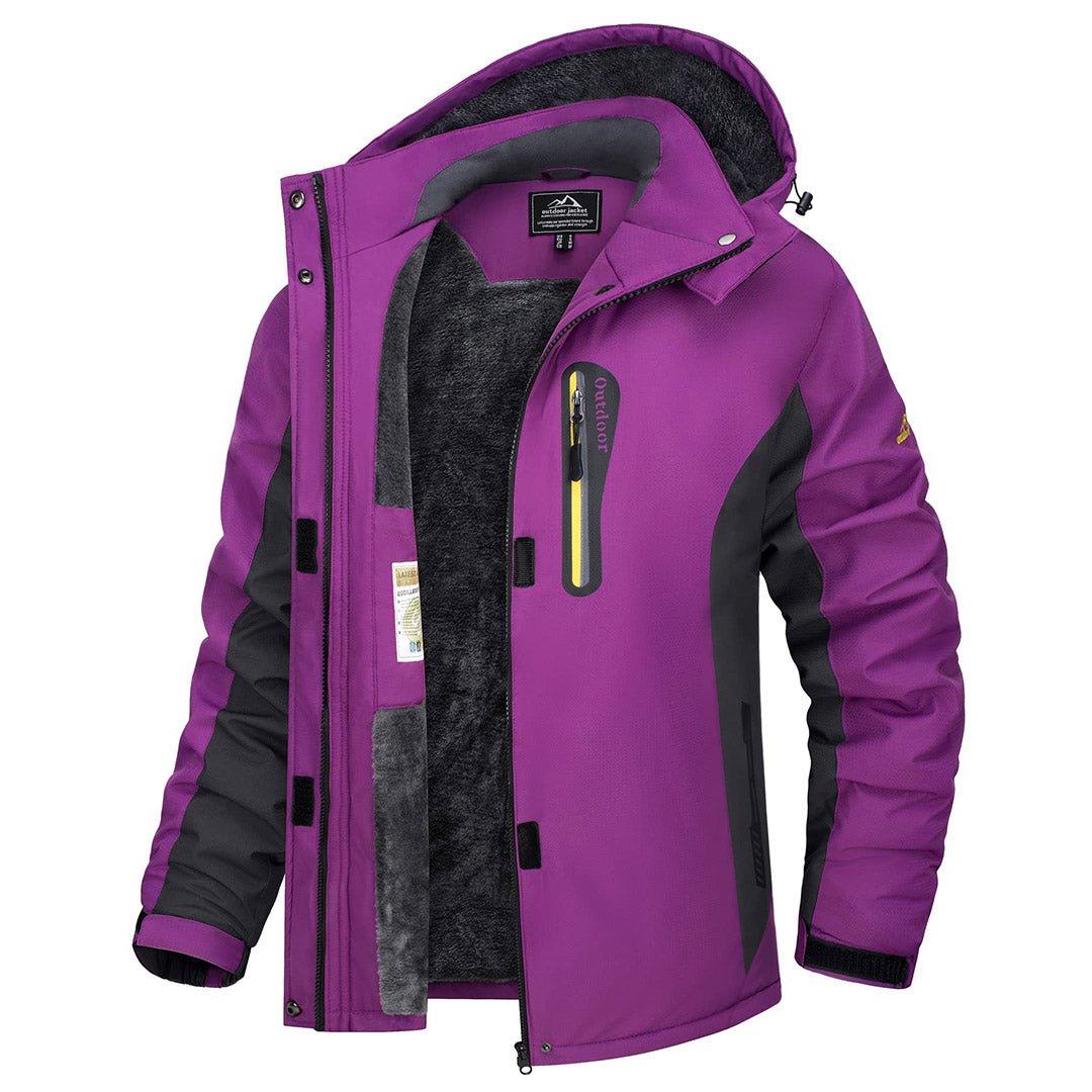 Women's hooded softshell ski jacket with fleece lining, water-resistant windproof fit for all-season outdoor use