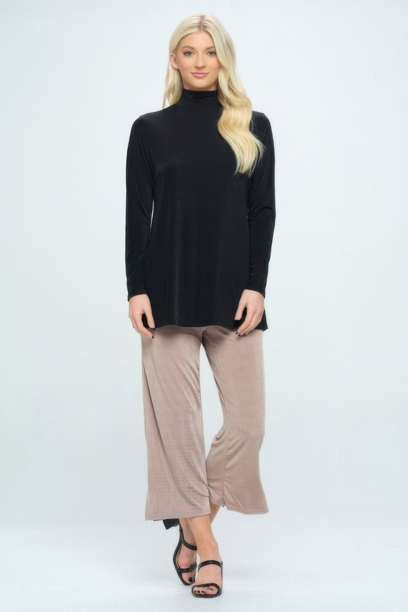 Women's slim mock neck ribbed knit top in neutral tone, body-skimming fit with structured collar