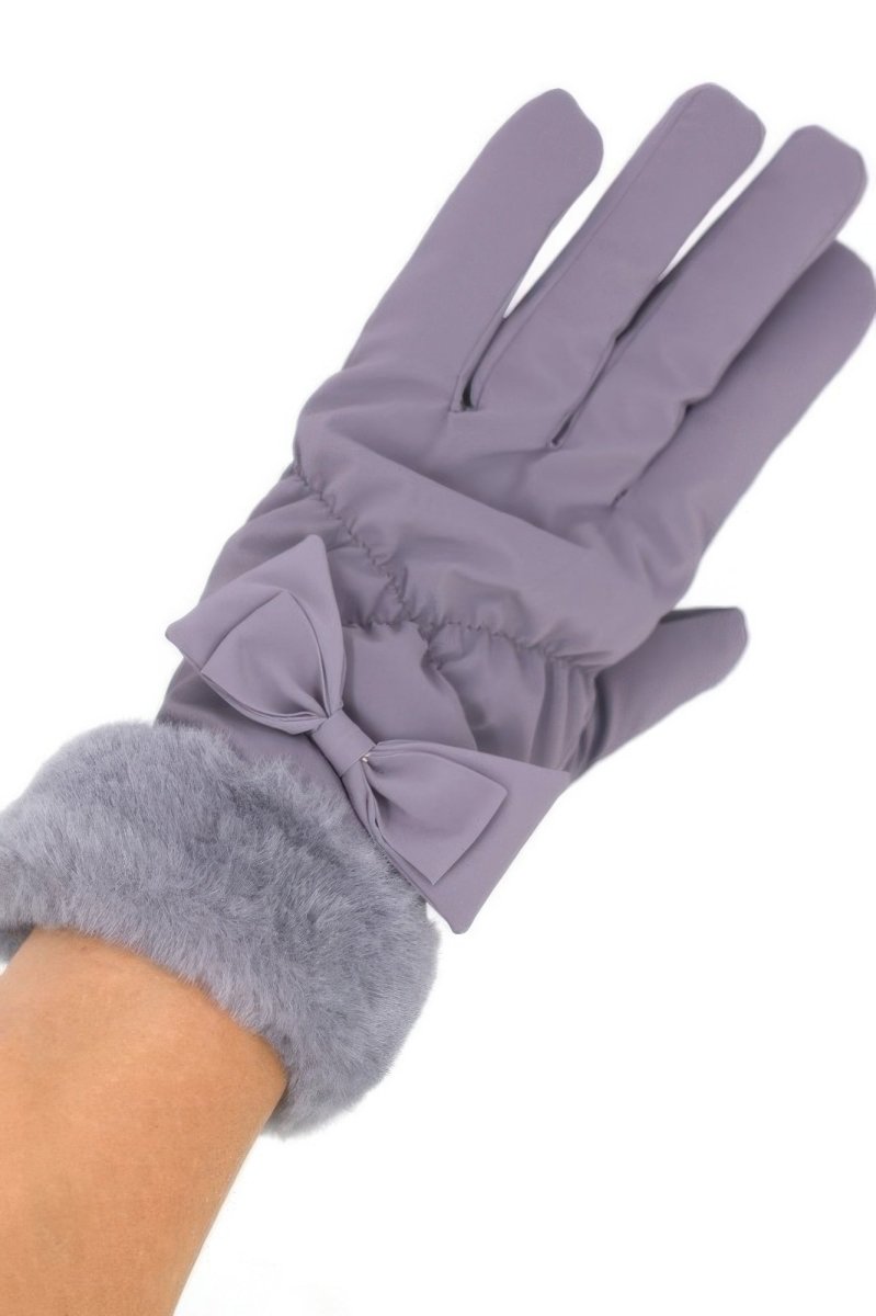 Women's black fleece gloves with plush faux fur cuff and smart touch fingertips for touchscreen use
