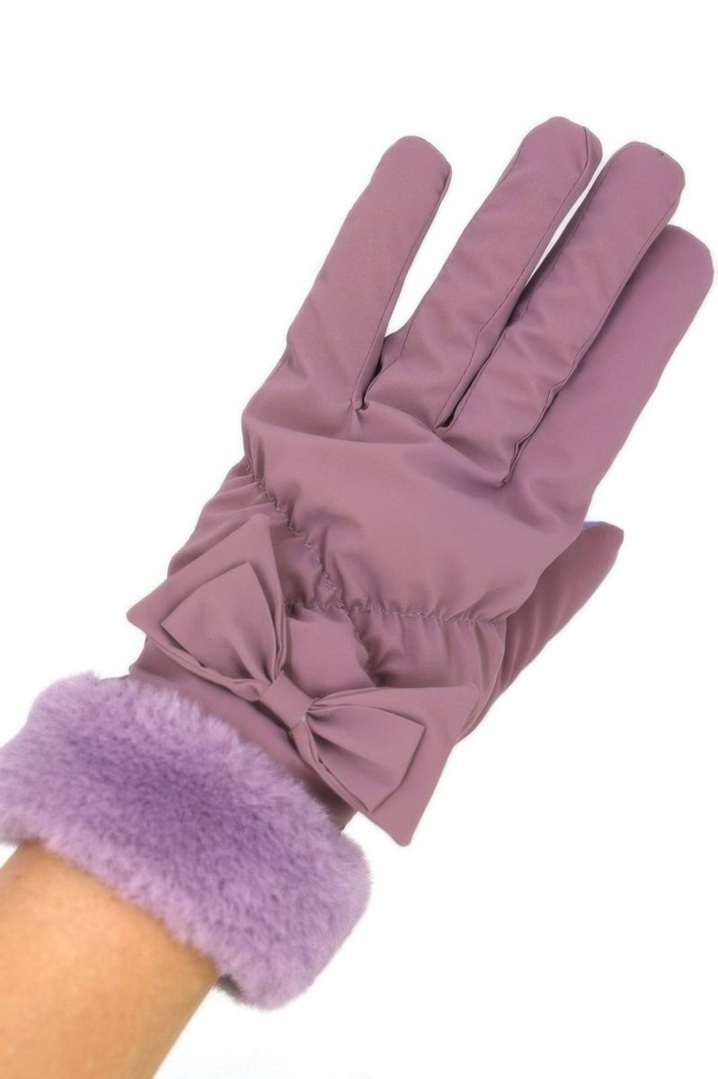 Women's black fleece gloves with plush faux fur cuff and smart touch fingertips for touchscreen use