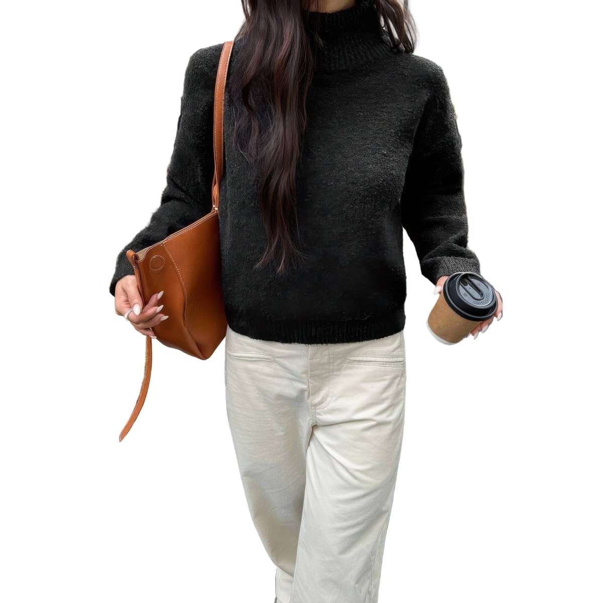 Women's soft knit roll neck sweater, cozy acrylic blend, long sleeves, modern everyday style