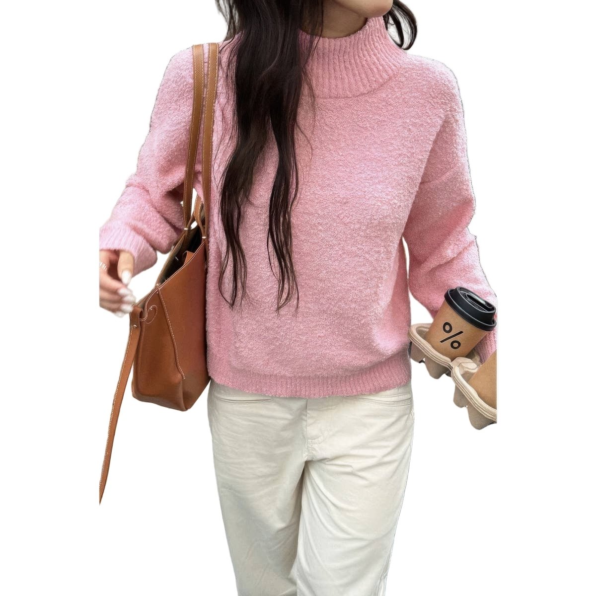 Women's soft knit roll neck sweater, cozy acrylic blend, modern slim fit with long sleeves