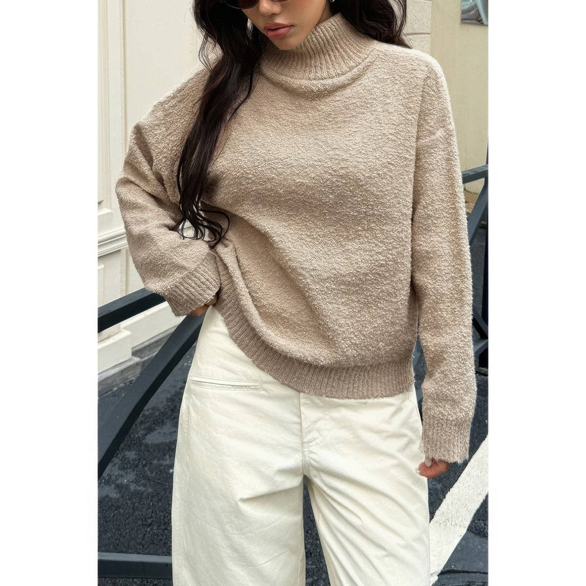 Women's soft knit roll neck sweater, cozy acrylic blend with long sleeves for everyday elegant wear