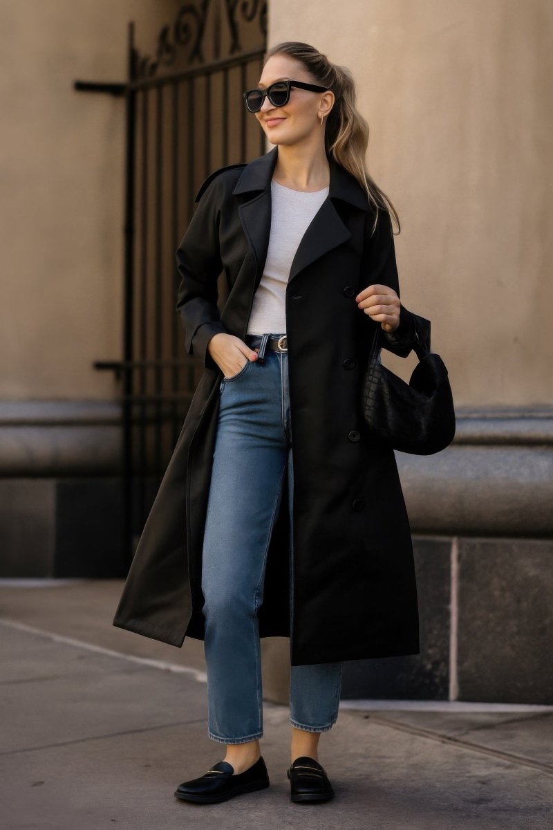 Women's solid trench coat with adjustable long sleeves, structured polished cut for modern professionals