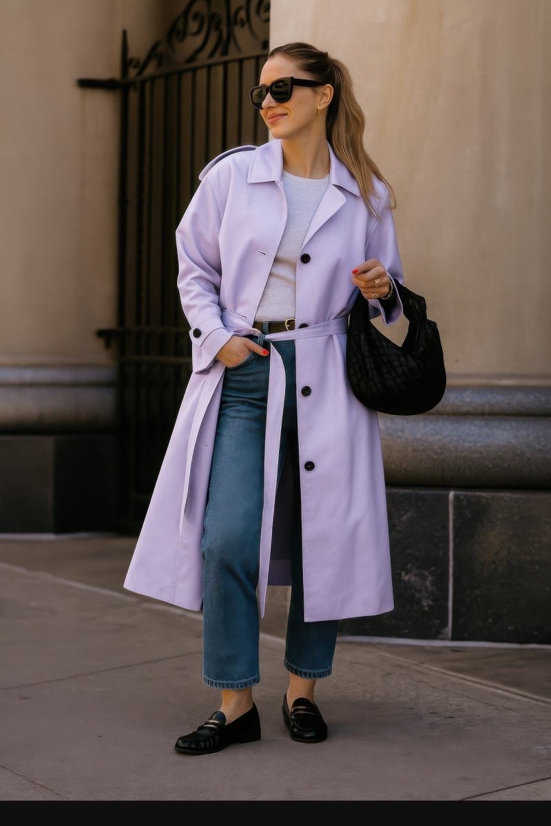 Women's solid trench coat adjustable long sleeves structured fit timeless professional style