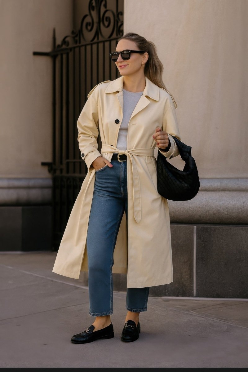 Women's solid trench coat adjustable sleeves structured fit timeless professional outerwear