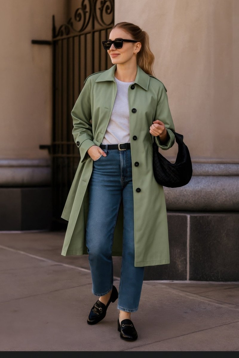 Women's solid trench coat adjustable sleeves structured fit timeless professional style polyester spandex blend
