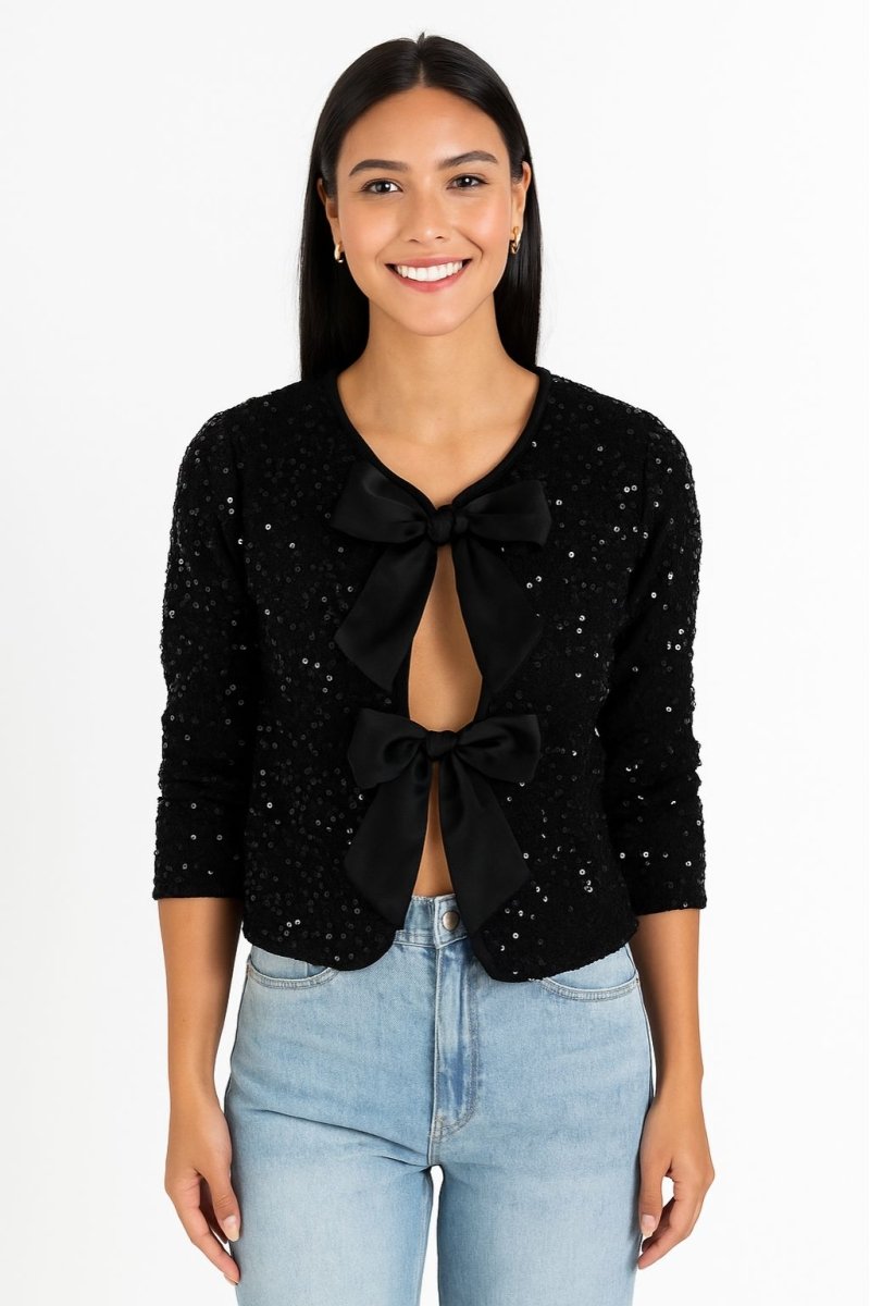 Women's sparkly silver cropped bolero jacket V-neck tie-front shimmering finish for parties