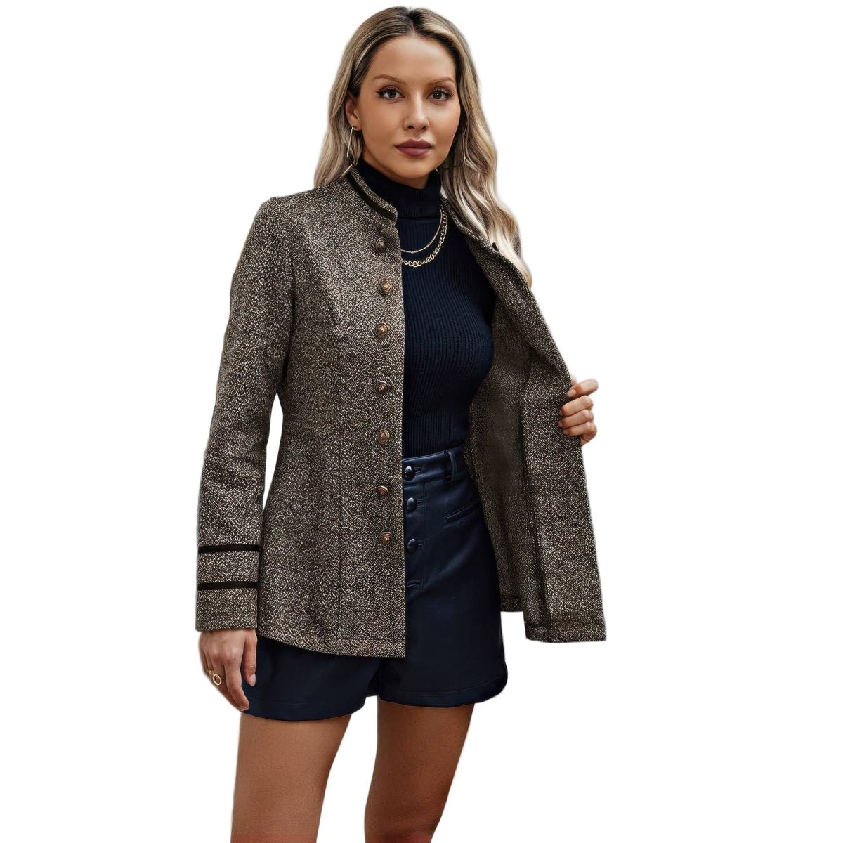 Women's olive utility jacket stand collar decorative buttons structured everyday layering versatile outerwear
