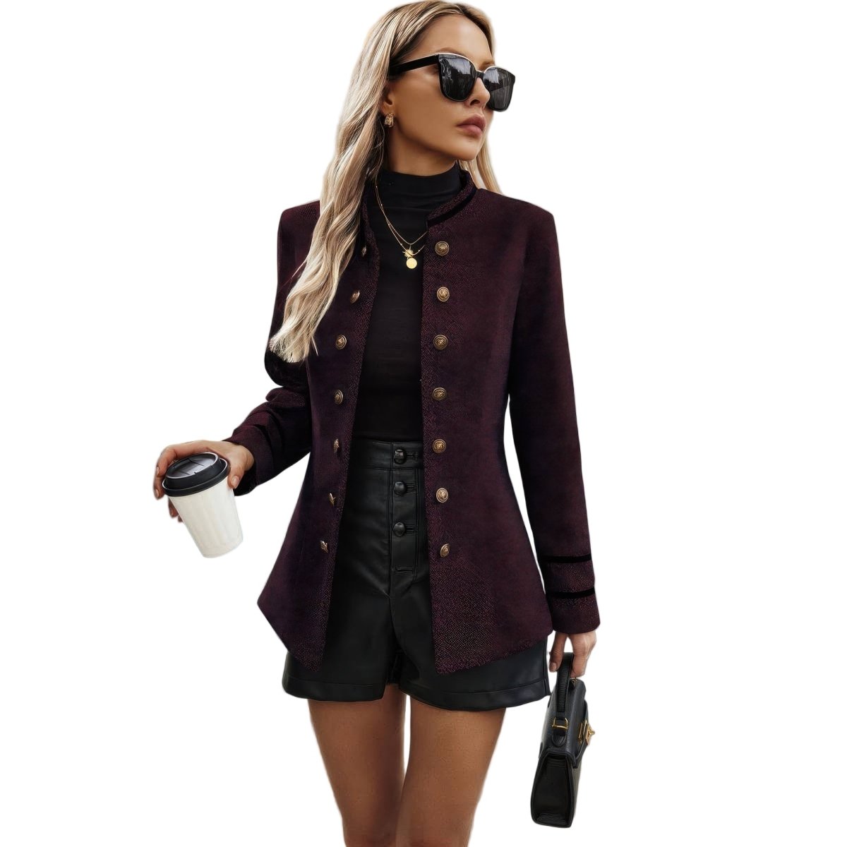 Women's olive utility jacket stand collar decorative buttons structured everyday layering outerwear