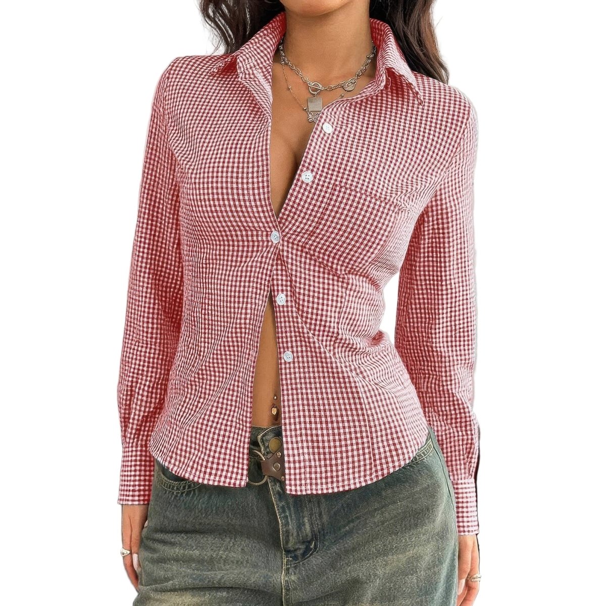 Women's slim fit stretch button-down shirt in classic workwear style with long sleeves for all-day comfort