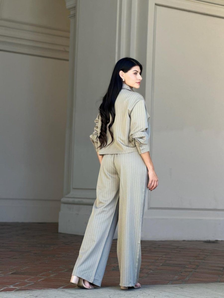 Women's striped two-piece set cropped top high-rise double waistband pants tailored city style