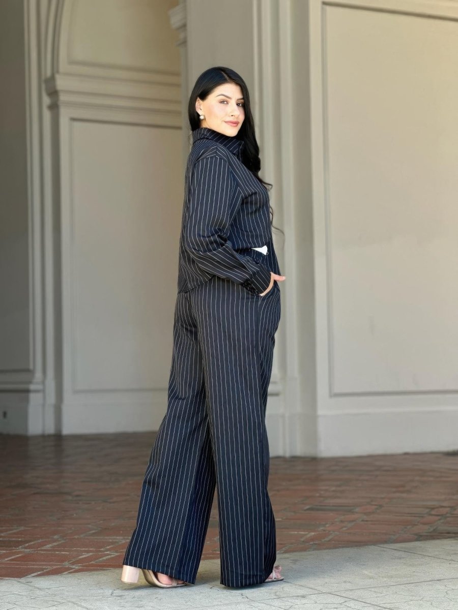 Women's striped two-piece set cropped top high-rise double waistband pants tailored city style