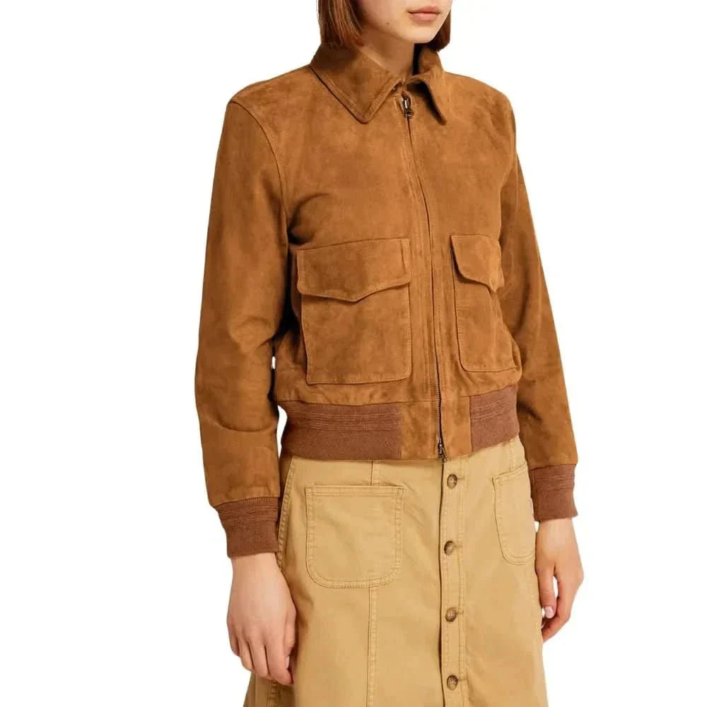 Women's camel brown suede bomber jacket with soft viscose lining, relaxed fit everyday essential