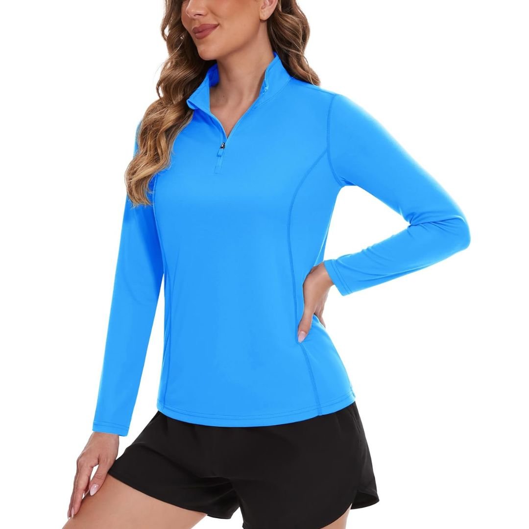 Women's white UPF 50 long sleeve athletic shirt lightweight stretch sun protection outdoor active