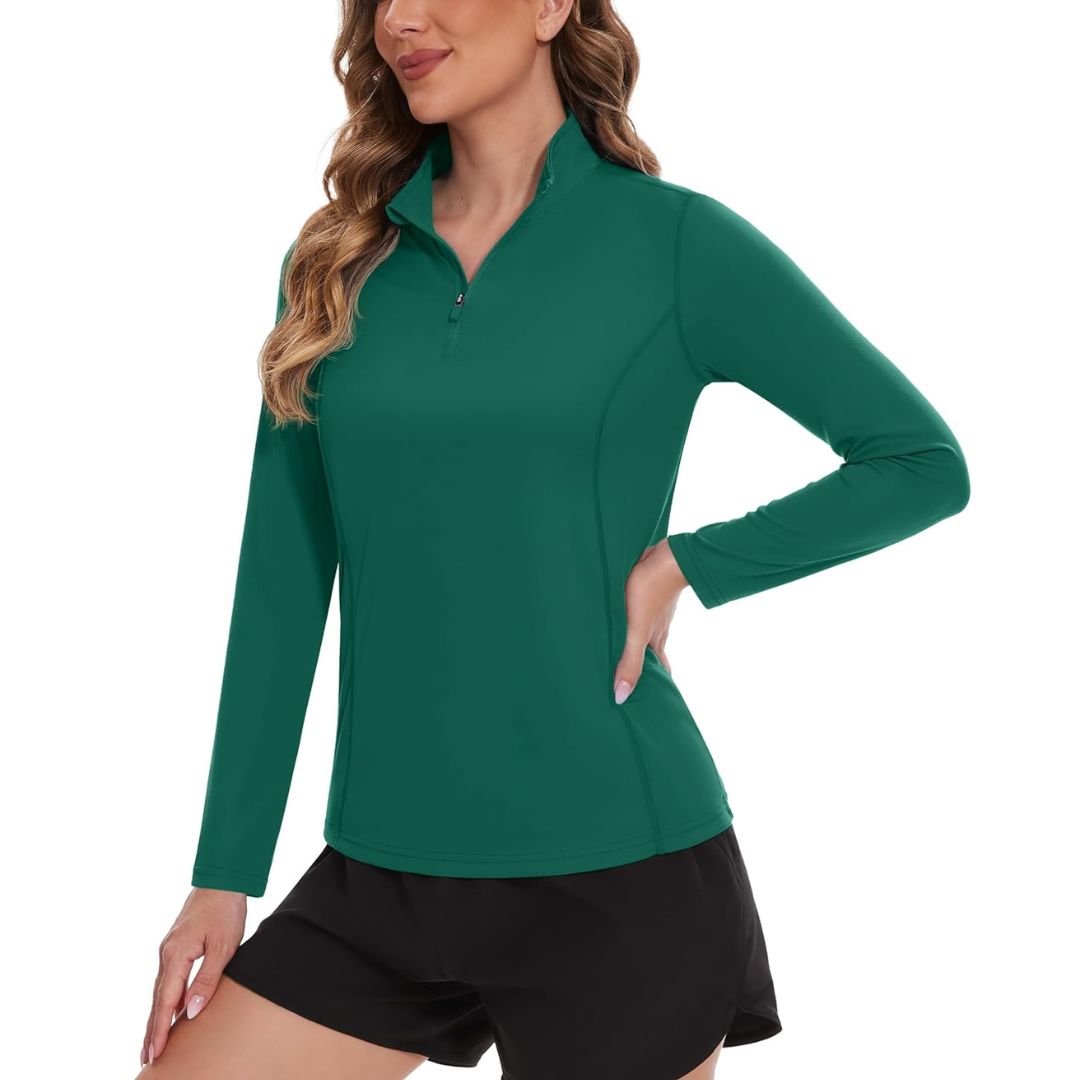 Women's white UPF 50 long sleeve athletic shirt lightweight stretchy sun protection active fit