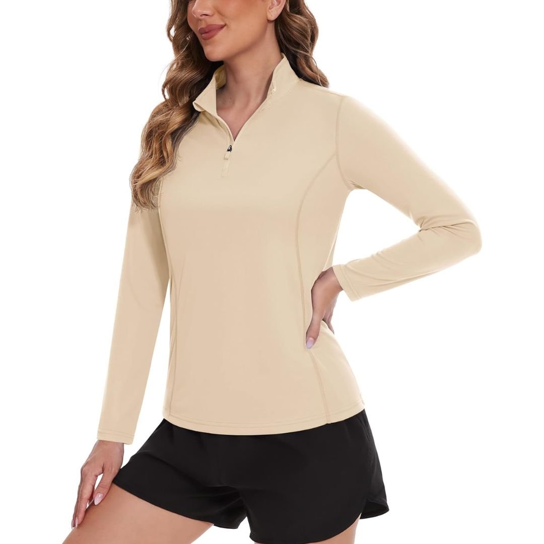 Women's UPF 50 white long sleeve athletic shirt lightweight stretchy sun protection golf hiking