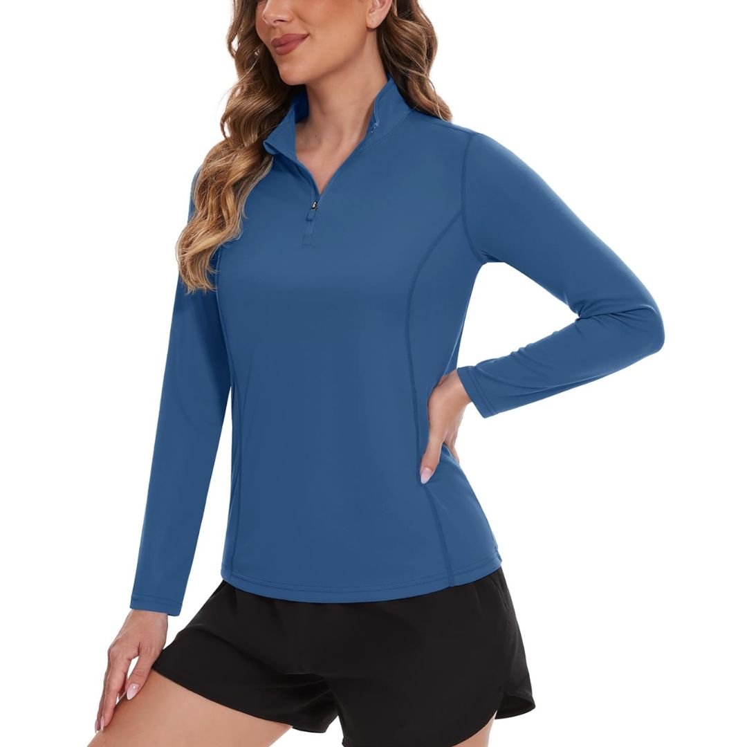 Women's white UPF 50 long sleeve active shirt lightweight stretch fabric for golf hiking running