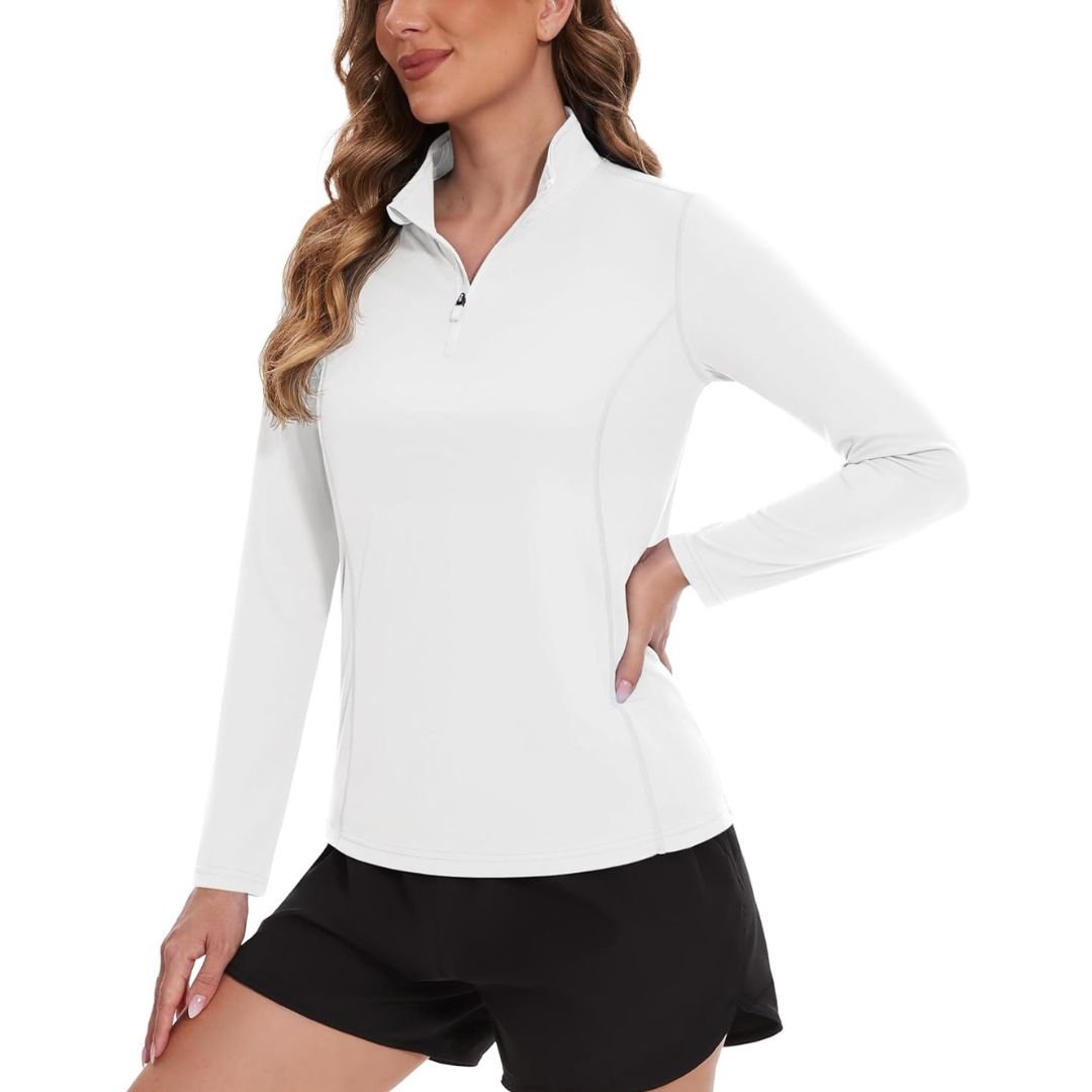 Women's white UPF 50 long sleeve active shirt lightweight stretch fabric for golf hiking running