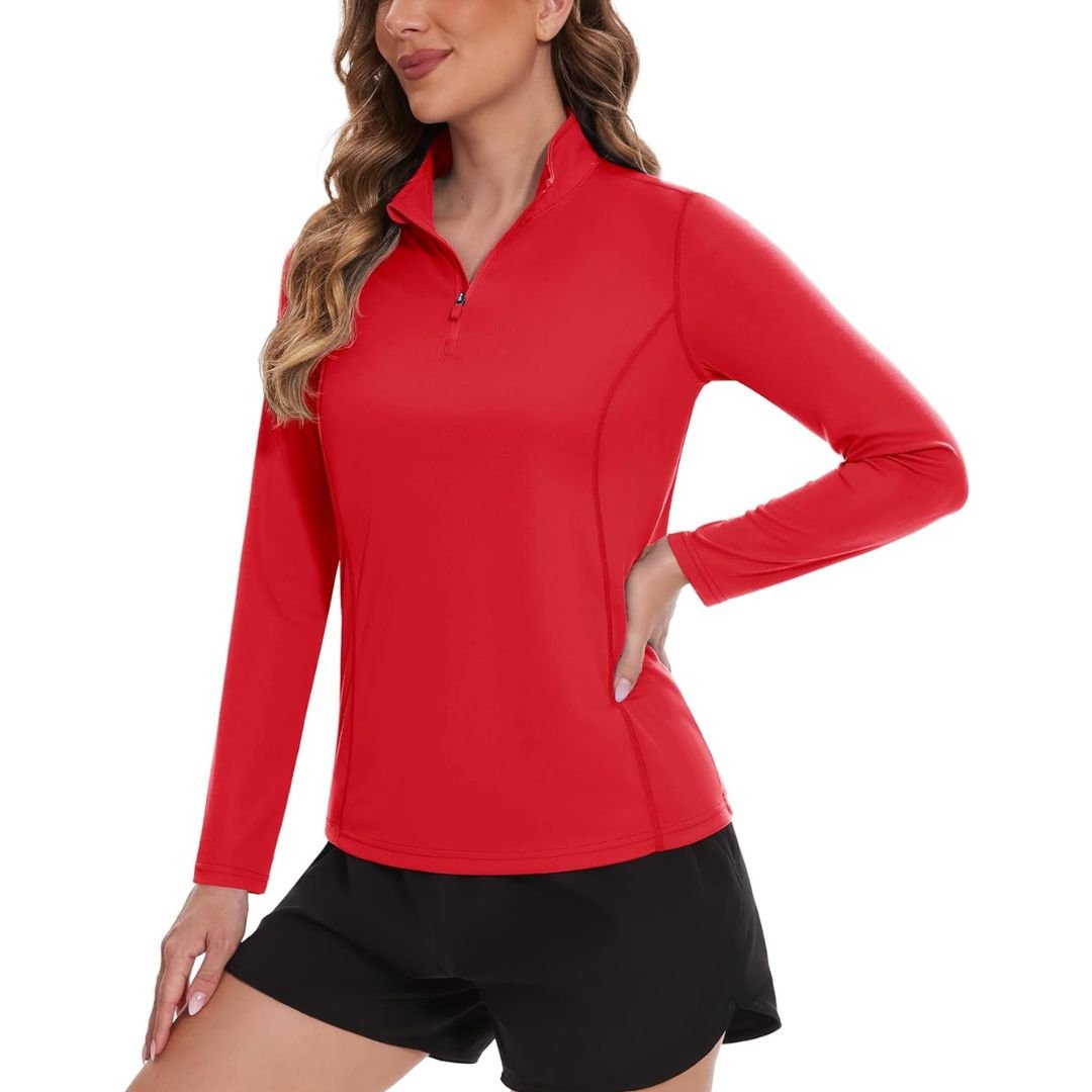 Women's white UPF 50 long sleeve athletic shirt lightweight stretch fabric for outdoor sports