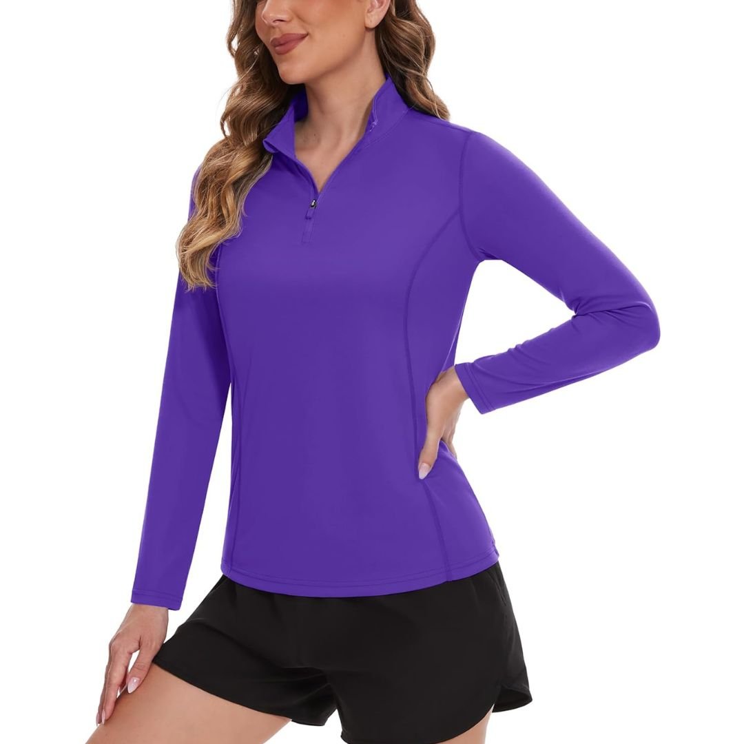 Women's UPF 50 white long sleeve athletic shirt lightweight stretch sun protection outdoor active