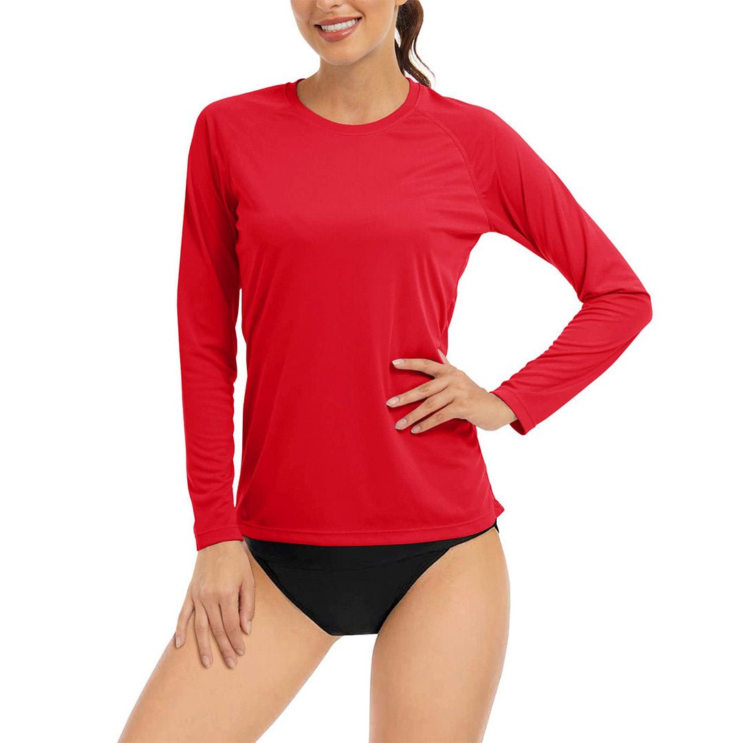 Women's UPF 50+ long sleeve sun protection shirt, lightweight polyester tee for outdoor running