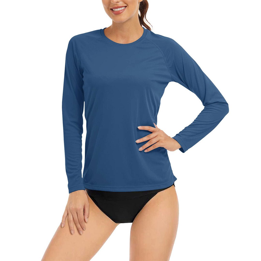 Women's white UPF 50+ long sleeve sun protection shirt lightweight polyester tee for outdoor running