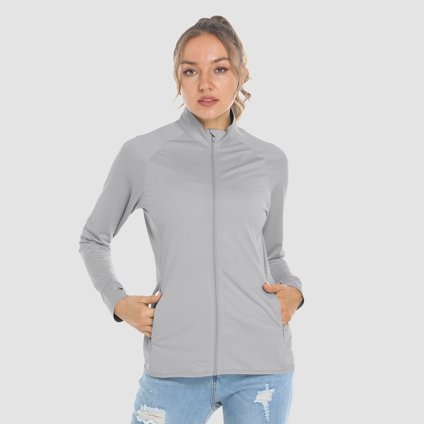 Women's UPF 50+ tennis jacket long sleeve lightweight 4-way stretch sun protection activewear