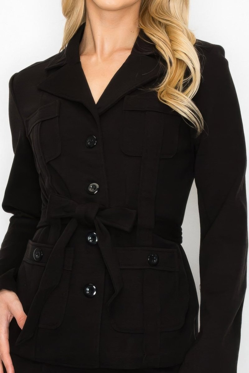 Women's tailored belted jacket and pencil skirt set in sleek office-ready style with button-up closure
