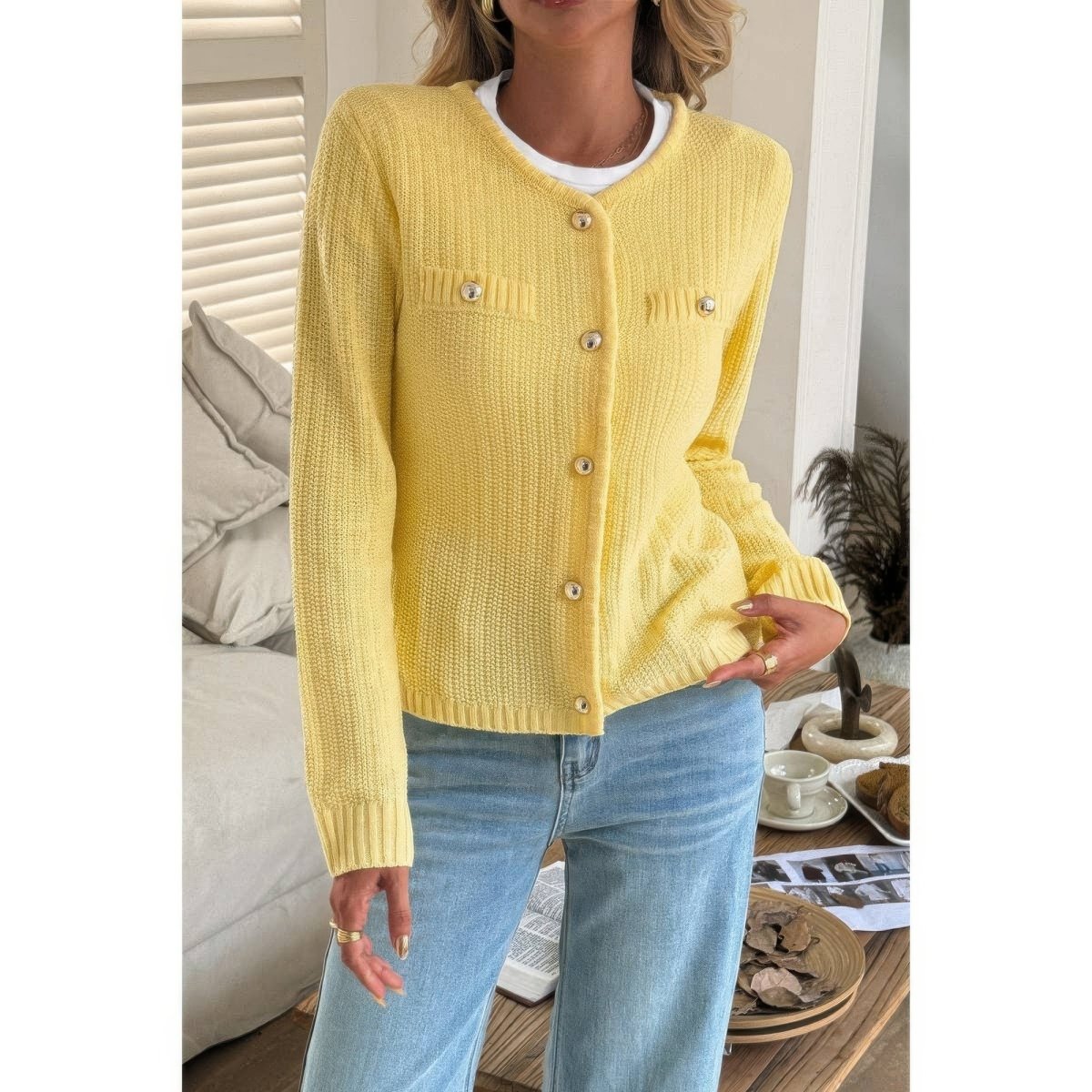 Women's textured knit cropped V-neck sweater with long sleeves, relaxed fit, and soft acrylic blend