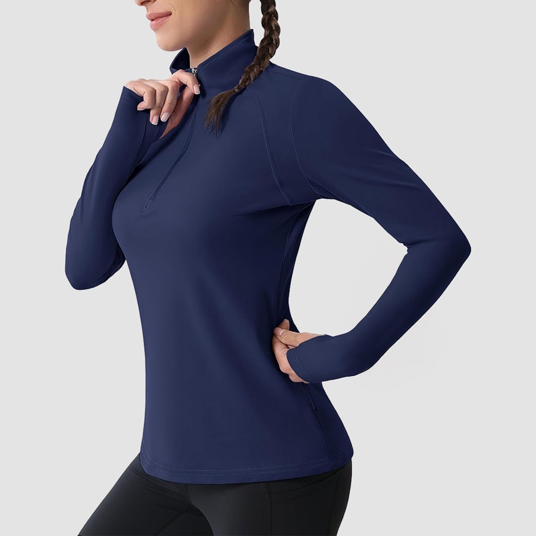 Women's slim fit thermal quarter zip running shirt with brushed interior for warmth and moisture wicking