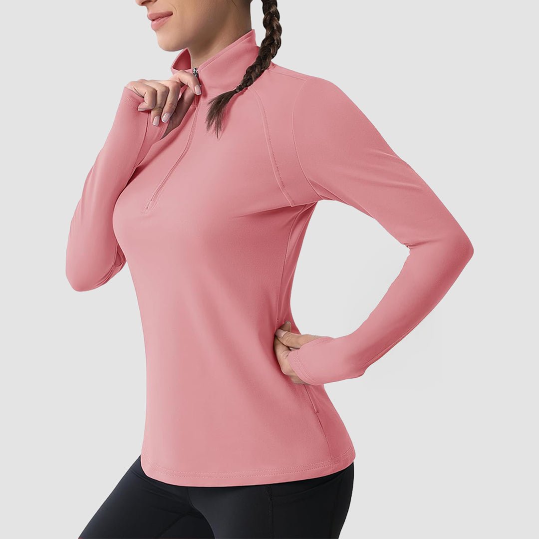 Women's thermal quarter-zip running shirt slim fit brushed interior moisture-wicking stretch fabric