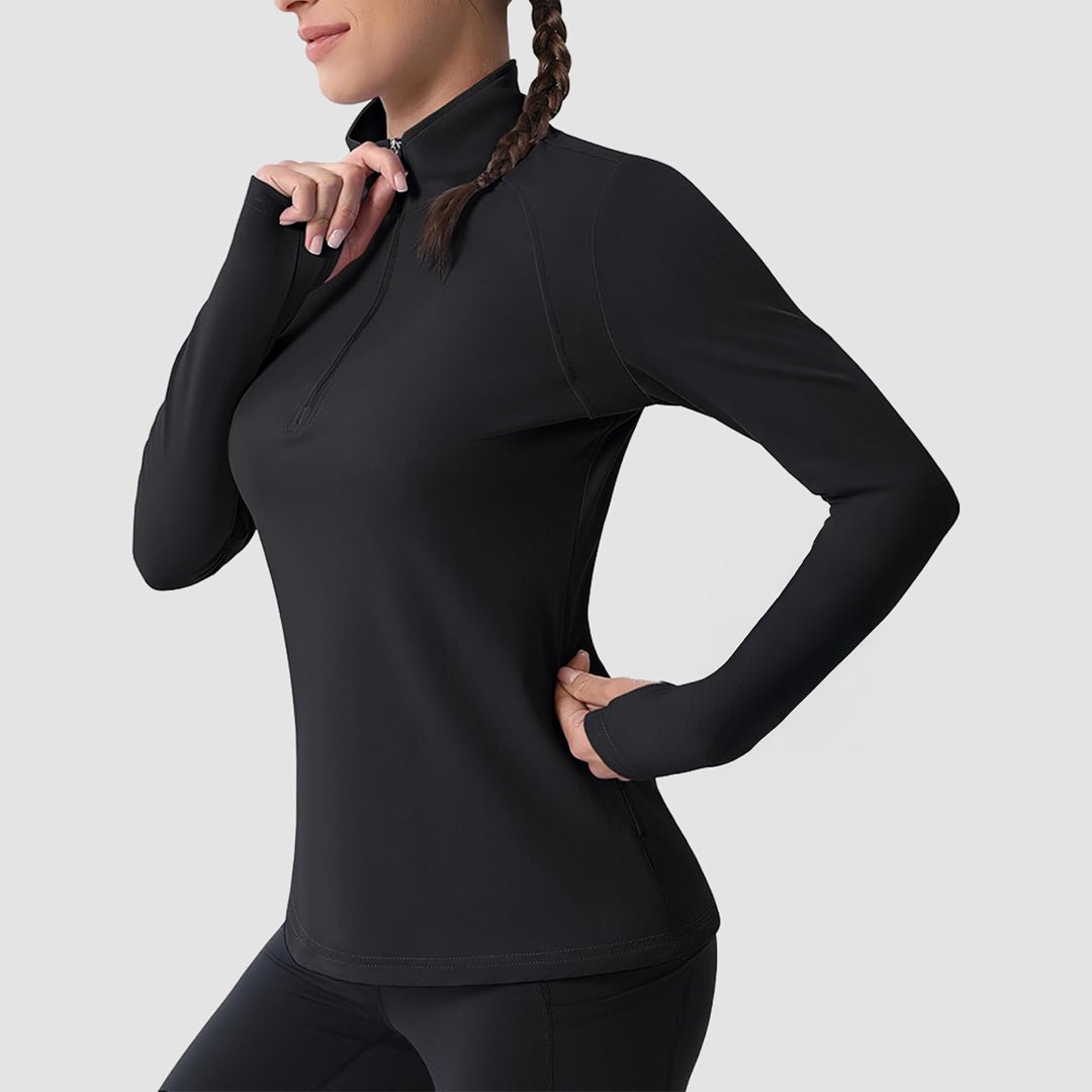 Women's slim fit thermal quarter zip running shirt with brushed interior for warmth and moisture wicking