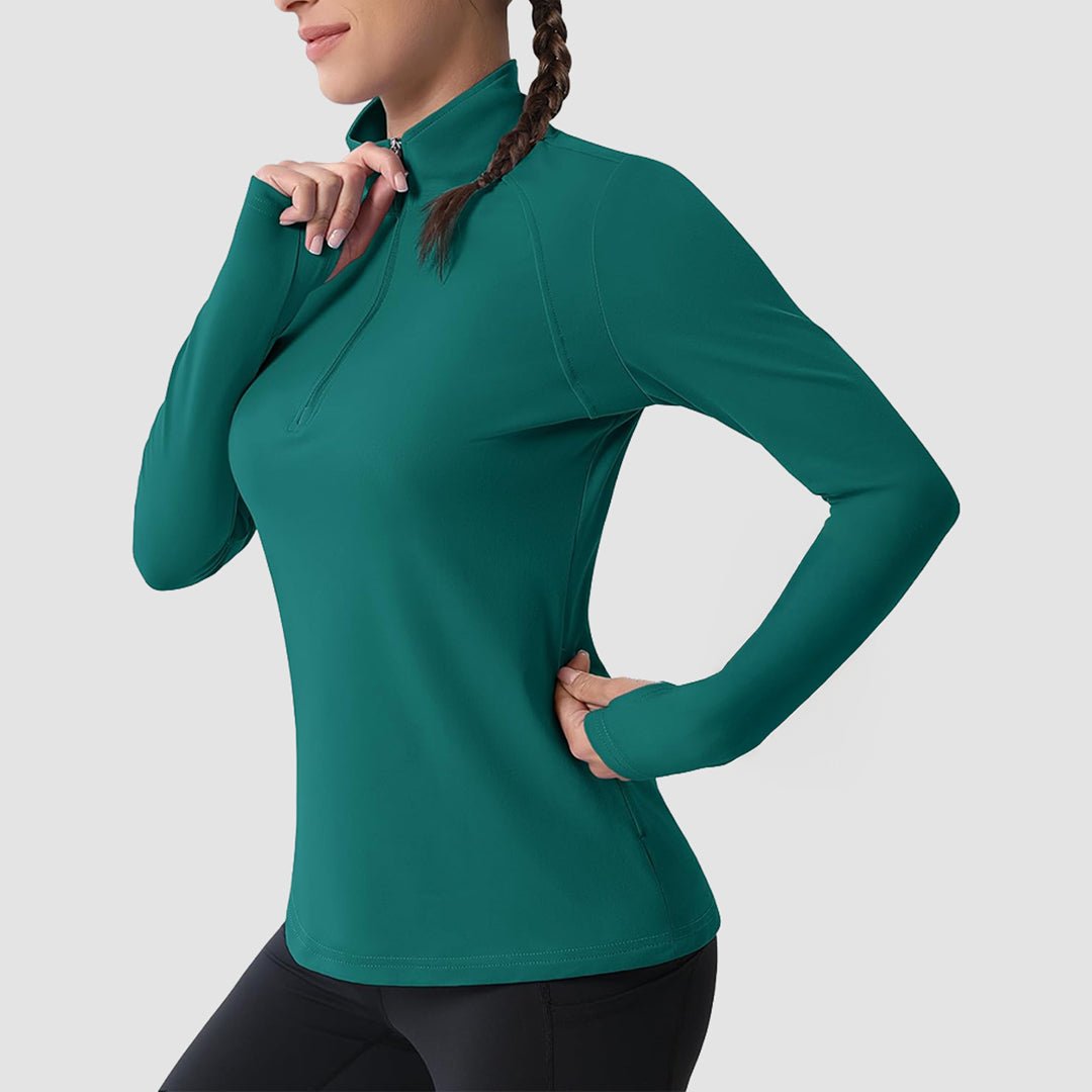 Women's slim fit thermal quarter zip running shirt, brushed interior, moisture-wicking, cool weather