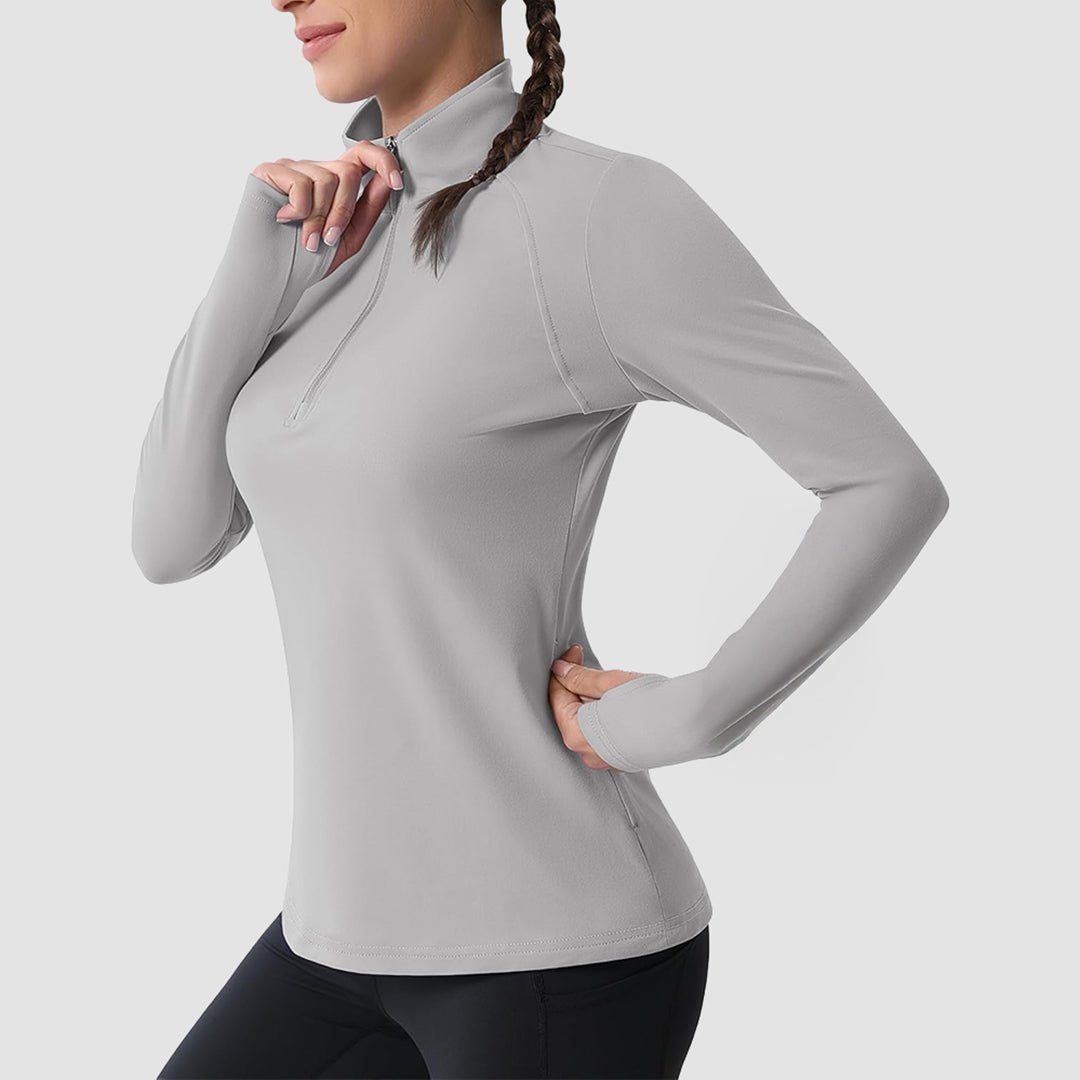 Women's thermal quarter-zip running shirt slim fit brushed interior moisture-wicking stretch fabric