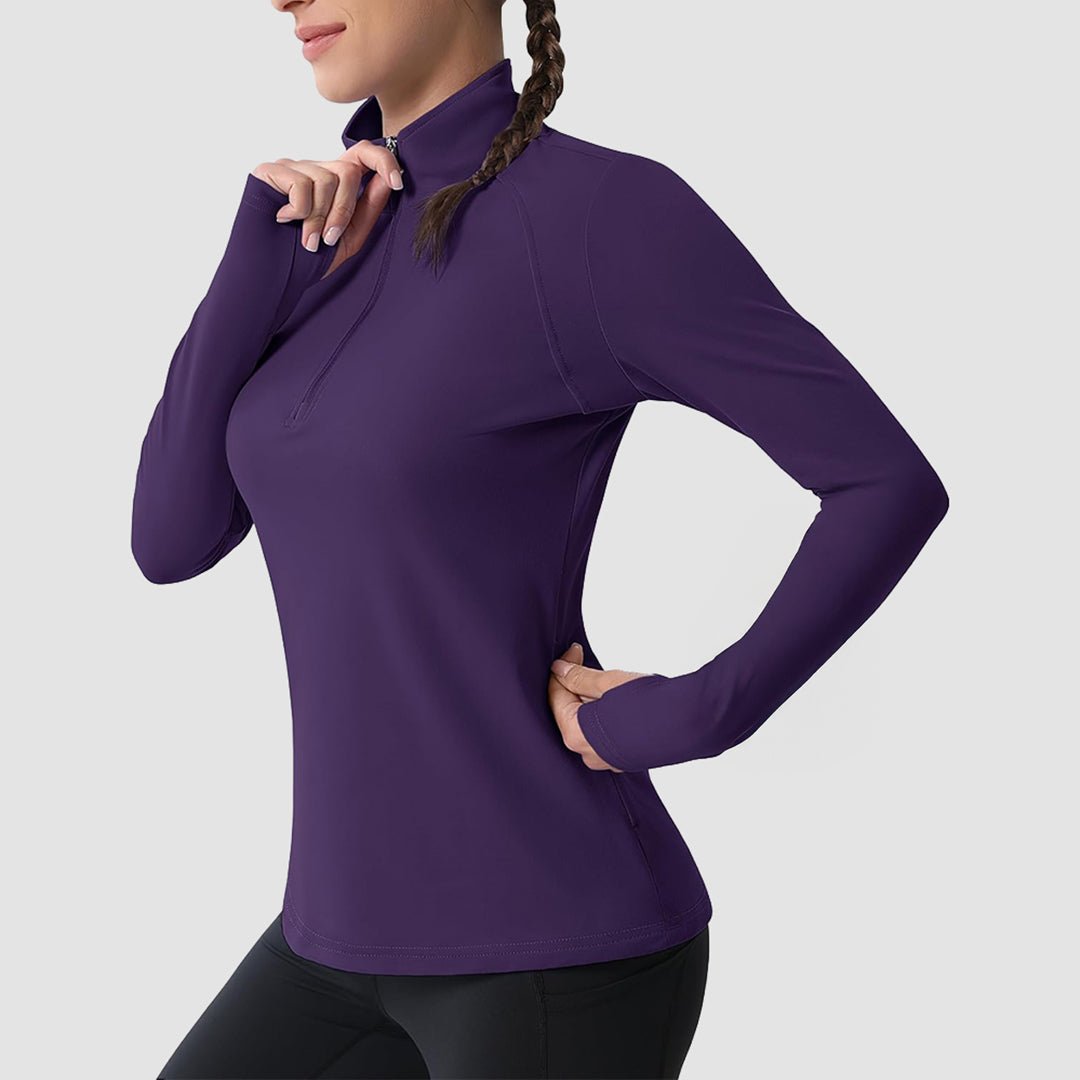 Women's slim fit thermal quarter zip running shirt brushed interior warm wicking stretch fabric