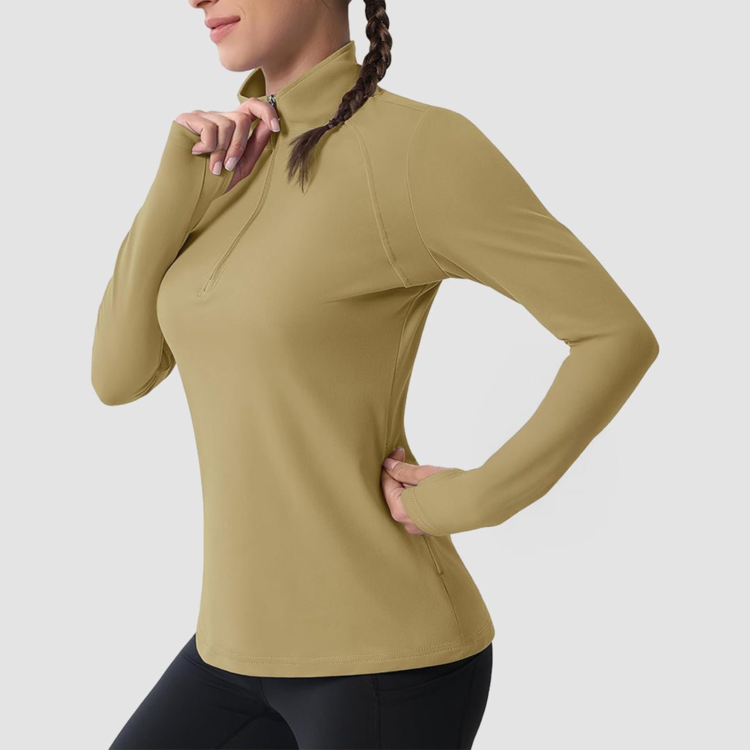 Women's slim fit thermal quarter zip running shirt brushed interior warm wicking stretch fabric
